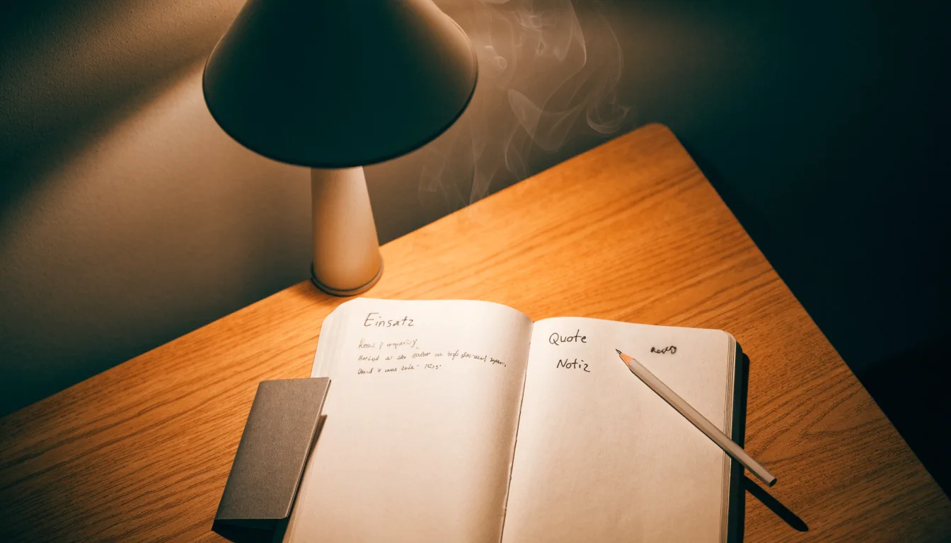 Ein Notizbuch mit handschriftlichen Notizen und ein Bleistift liegen neben einer Tischlampe auf einem Schreibtisch, ruhiges Abendlicht.