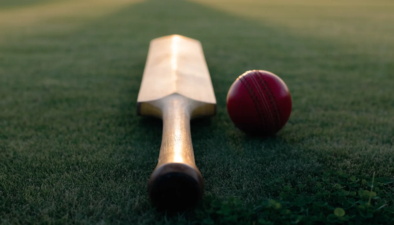 Ein Cricketschläger aus hellem Holz und ein roter Lederball liegen auf kurzem Rasen, weiches Abendlicht.