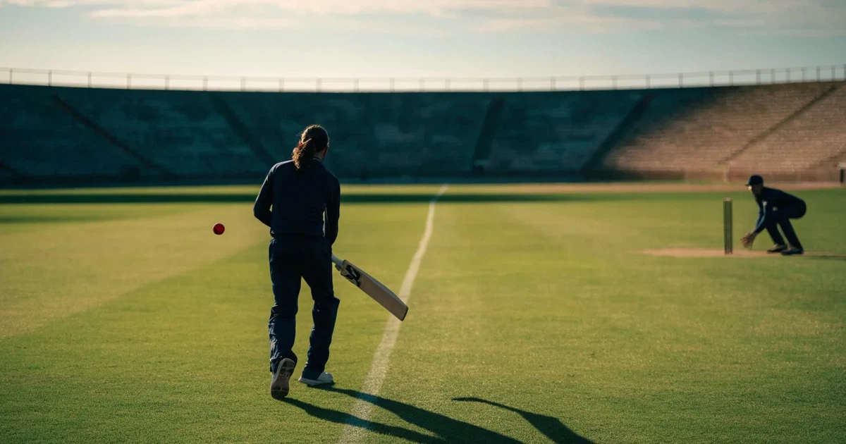 Ein weites grünes Cricketfeld mit einem hellen Streifen in der Mitte, tief stehende Sonne, im Hintergrund eine leere Tribüne.