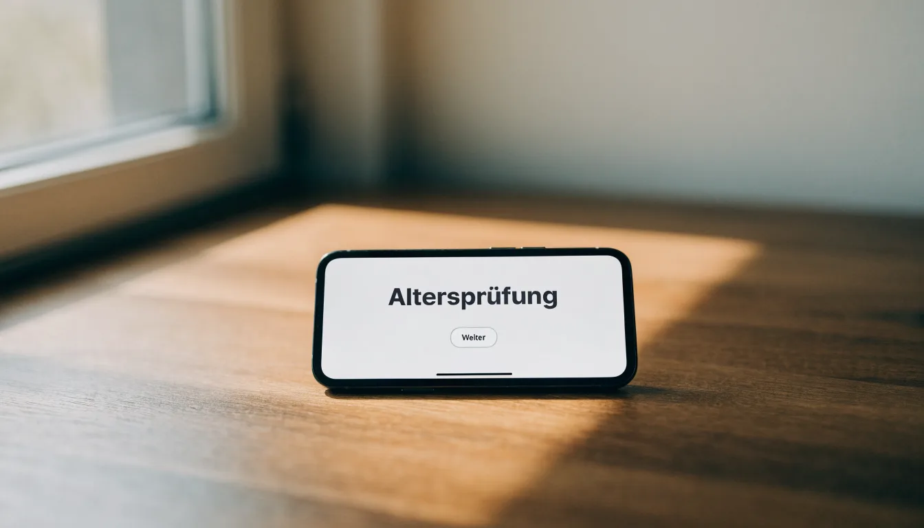 Eine kleine Messingwaage steht auf einem Holztisch vor einem Fenster, weiches Tageslicht, daneben ein leeres Notizbuch.