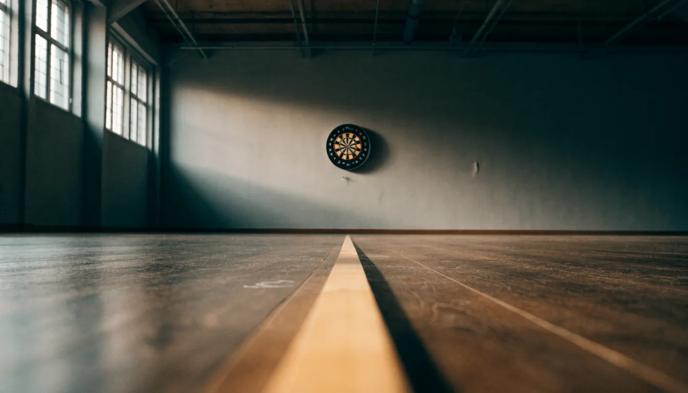 Eine Wurflinie aus Holz auf dem Hallenboden, im Hintergrund in der Ferne eine Dartscheibe an der Wand.