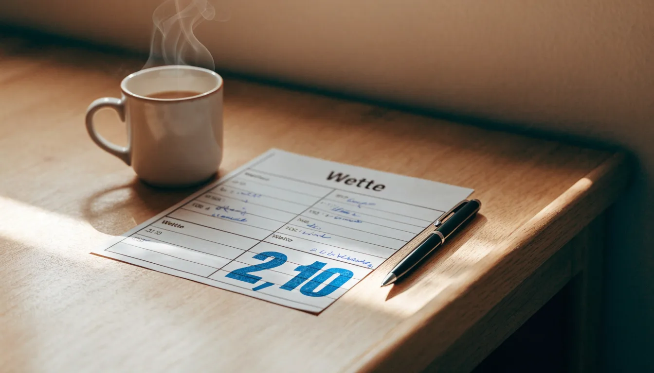Ein leerer Wettschein aus Papier liegt neben einem Kugelschreiber und einer Tasse auf einem hellen Holztisch.