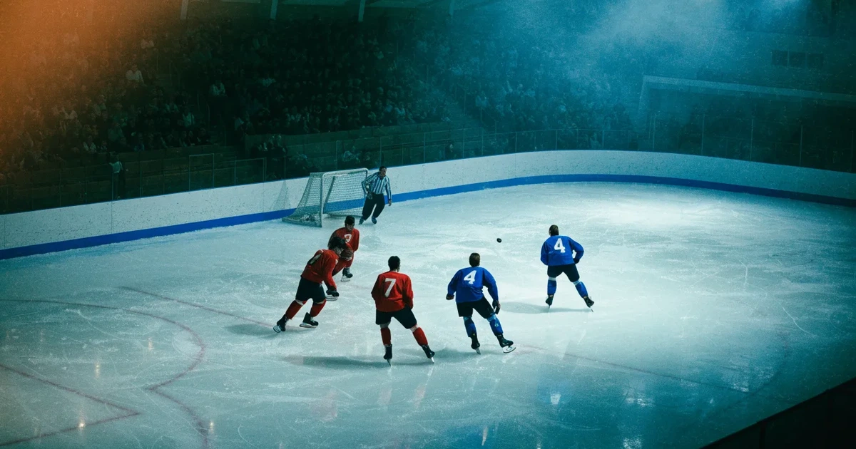 Eine Eishockeyhalle von der Tribüne aus gesehen, spiegelglatte Eisfläche, Banden ohne Schriftzüge, helles Flutlicht.