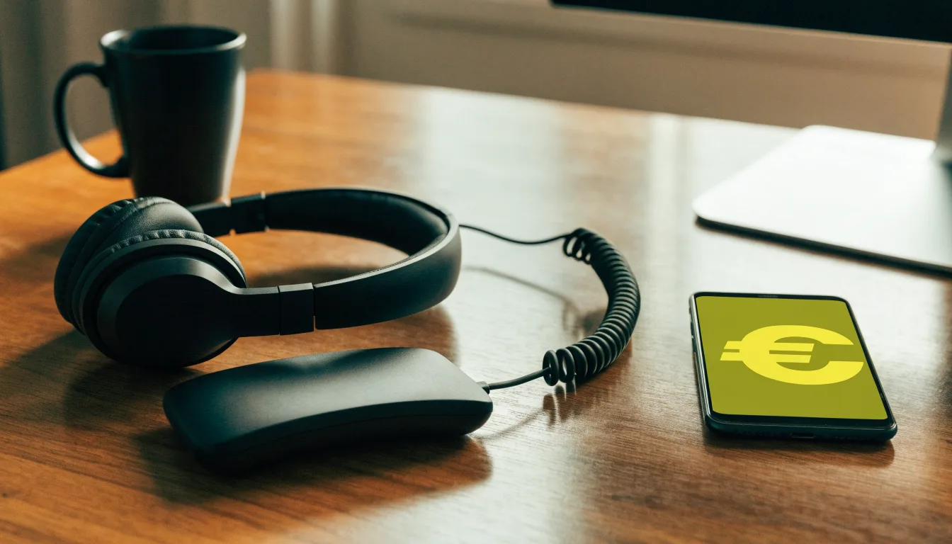 Ein Gamepad und ein Headset liegen auf einem Schreibtisch neben einer Tasse, der Bildschirm im Hintergrund ist ausgeschaltet.