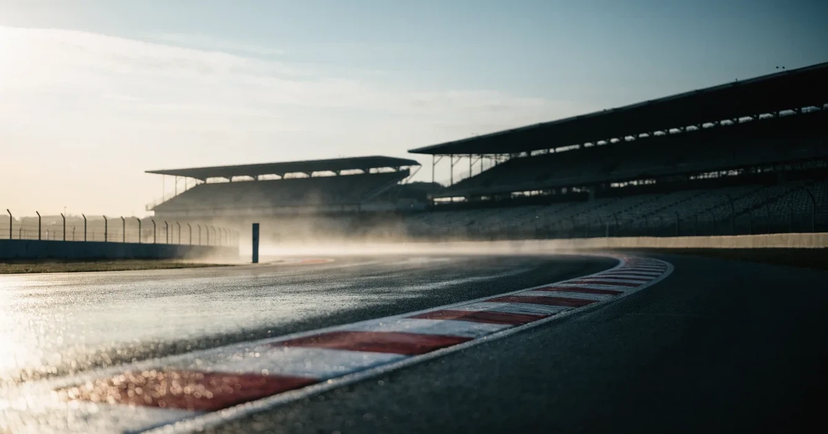 Eine leere Rennstrecke im Morgennebel, Asphalt mit rot-weißen Randsteinen, im Hintergrund Tribünen in der Ferne.
