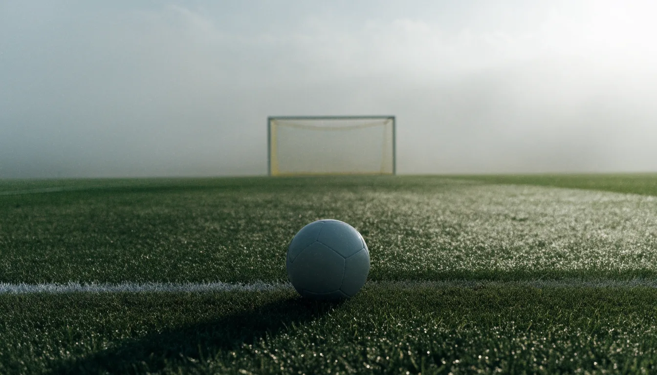 Ein Fußball liegt auf dem Elfmeterpunkt eines leeren Rasenplatzes, im Hintergrund unscharf ein Tor im Morgendunst.