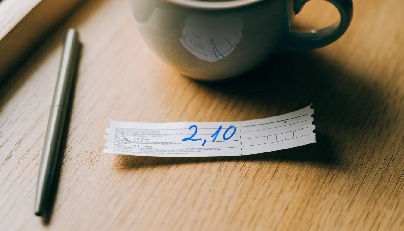 Ein leerer Wettschein aus Papier liegt neben einem Kugelschreiber und einer Tasse auf einem hellen Holztisch.