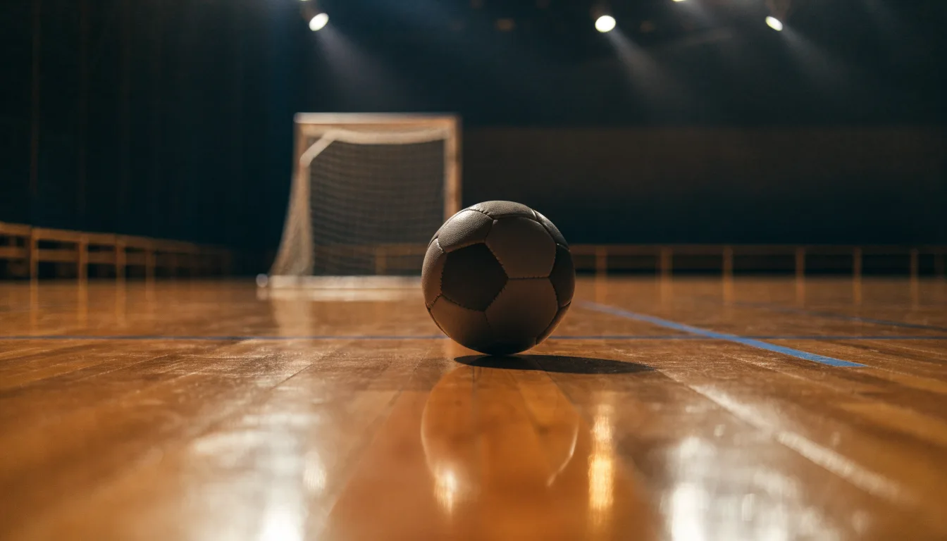 Ein kleiner schwerer Ball liegt in einer Halle auf dem Parkett vor einem Tor, warmes Licht aus den Deckenstrahlern.