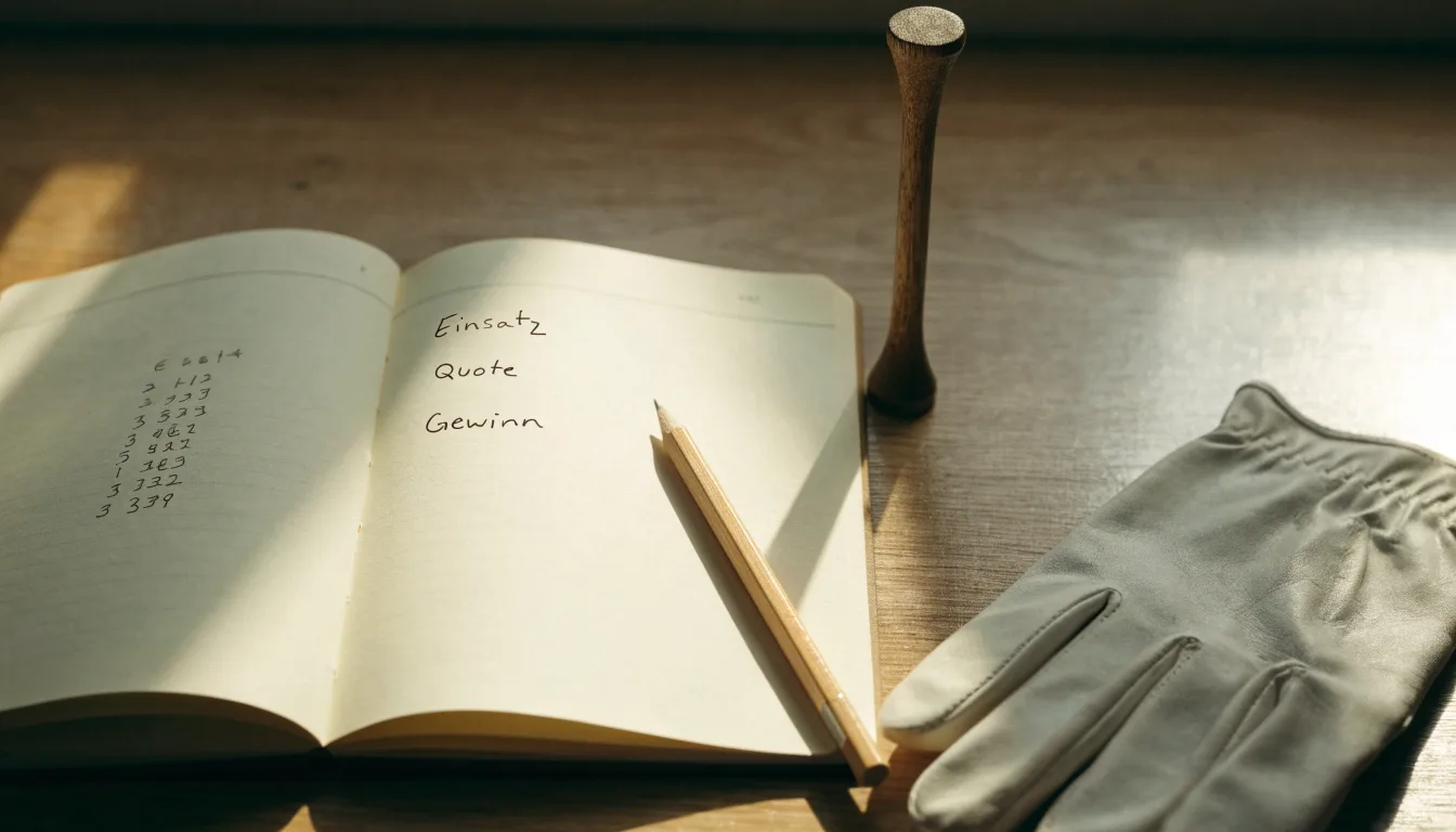 Ein Notizbuch mit handschriftlichen Notizen und ein Bleistift liegen neben einem Golfhandschuh und einem Tee auf einem Holztisch.
