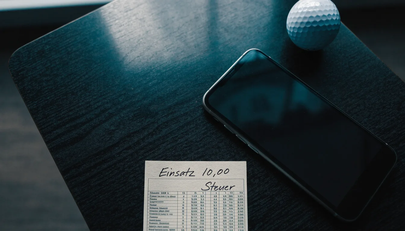 Ein leerer Wettschein aus Papier liegt neben einem Smartphone mit dunklem Display auf einem Tisch, daneben ein einzelner Golfball.