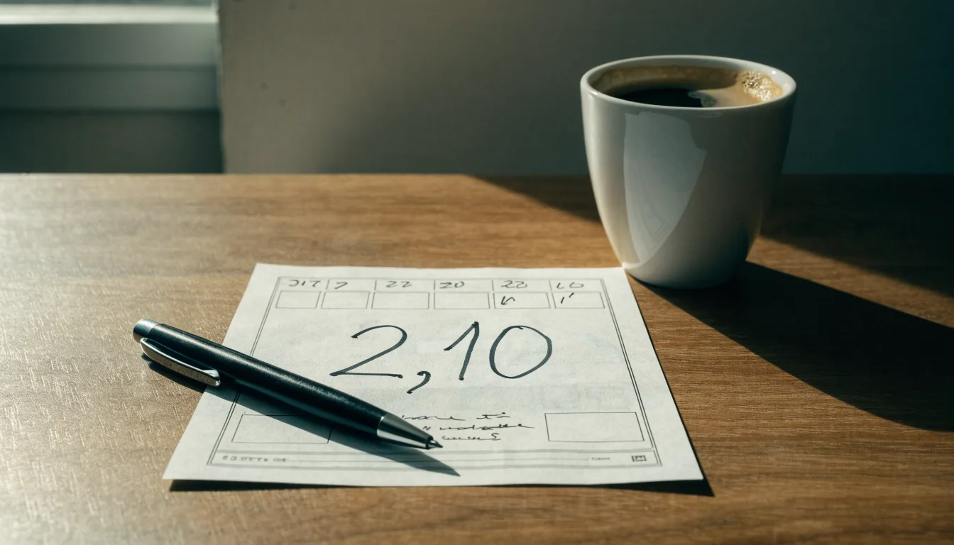 Ein leerer Wettschein aus Papier und ein Kugelschreiber liegen auf einem Schreibtisch neben einer Tasse Kaffee im Tageslicht.