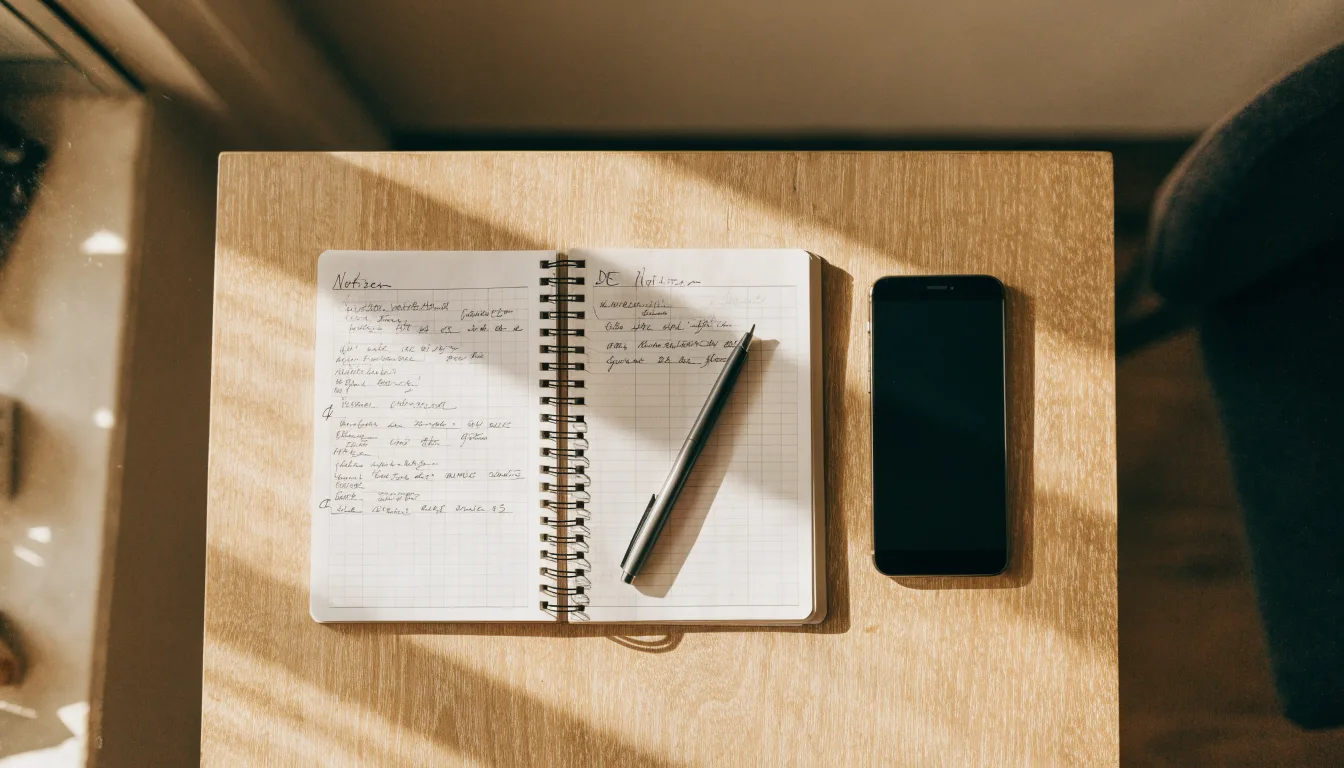 Ein Notizbuch mit handschriftlichen Notizen und ein Stift liegen auf einem Holztisch neben einem Smartphone mit dunklem Bildschirm.