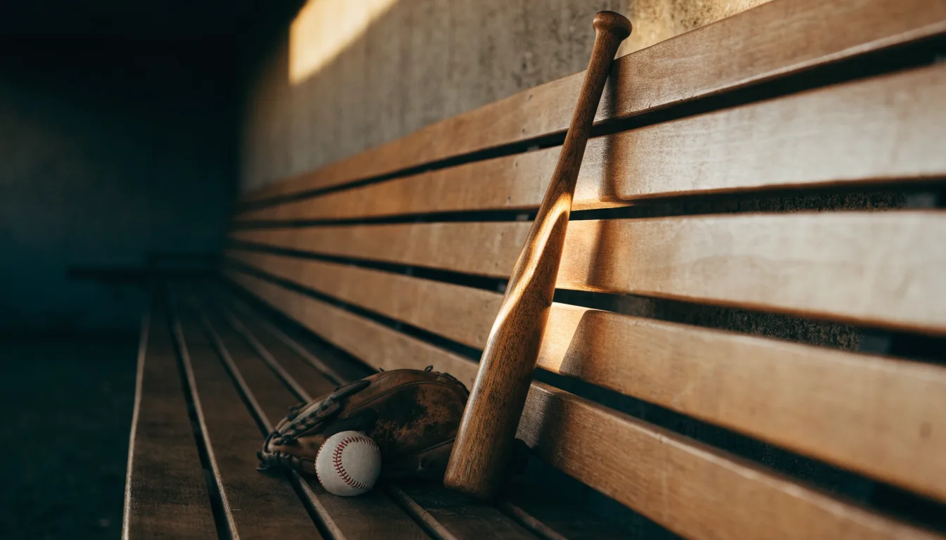 Ein Baseballschläger lehnt an einer Bank im Dugout, daneben liegen ein Handschuh und ein Ball im Licht der Nachmittagssonne.