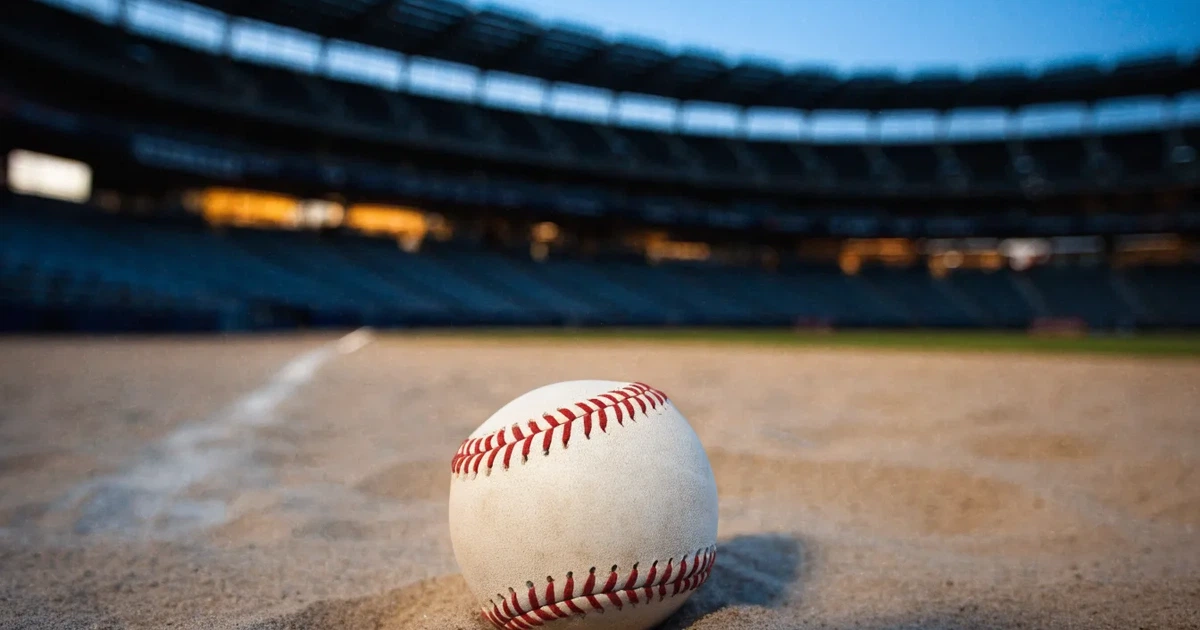 Ein Baseball liegt auf dem hellen Sand des Infields, im Hintergrund eine große Tribüne in der Abenddämmerung.