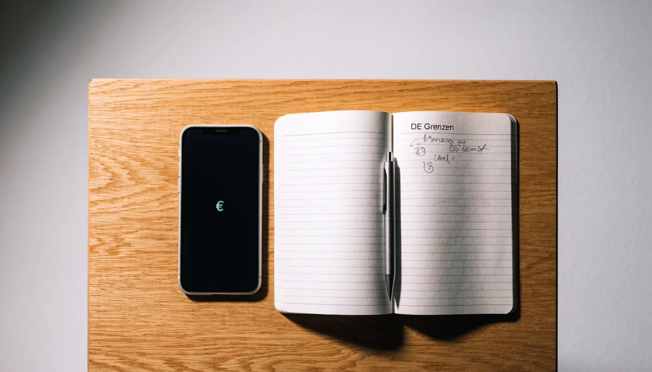 Ein Smartphone mit dunklem Display liegt neben einem Notizbuch und einem Kugelschreiber auf einem Tisch.