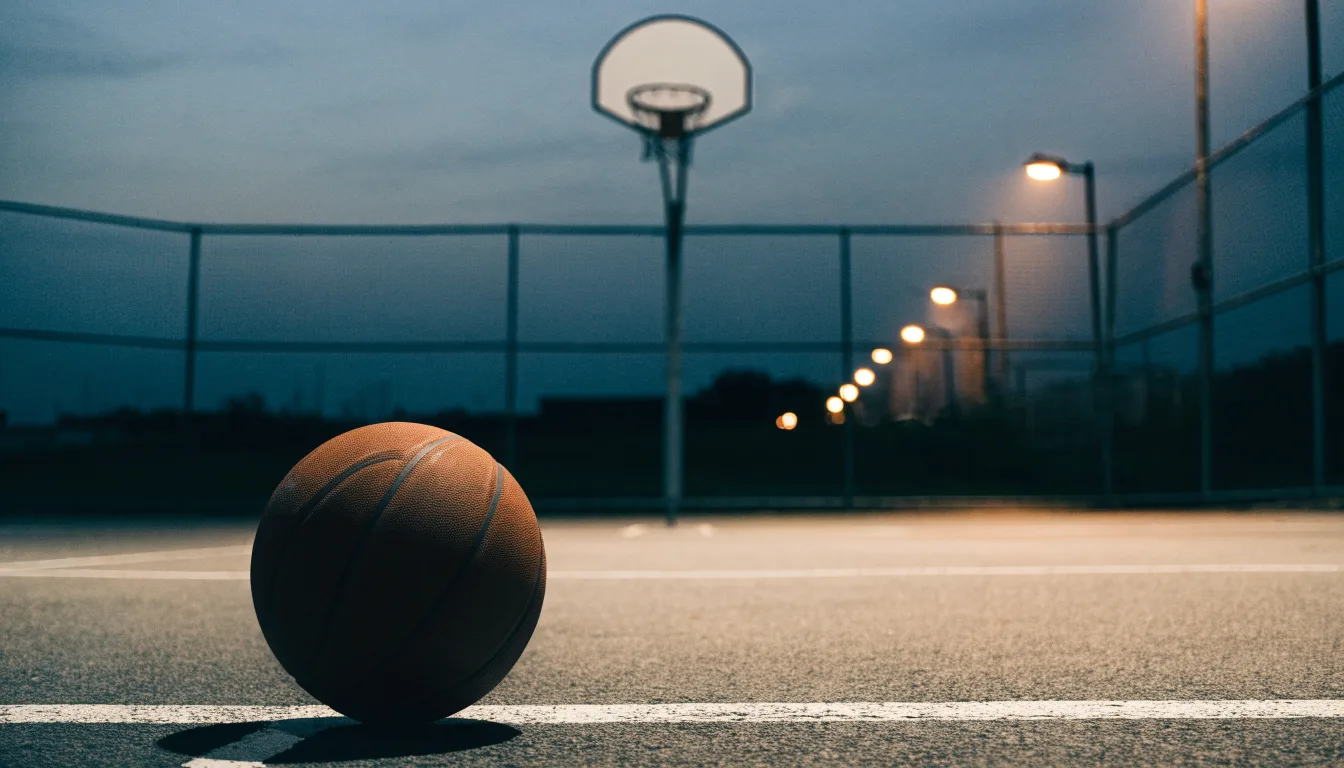 Ein Basketball rollt auf einem Freiluftplatz in der Abenddämmerung zu einem Korb, die Straßenlaternen leuchten bereits.