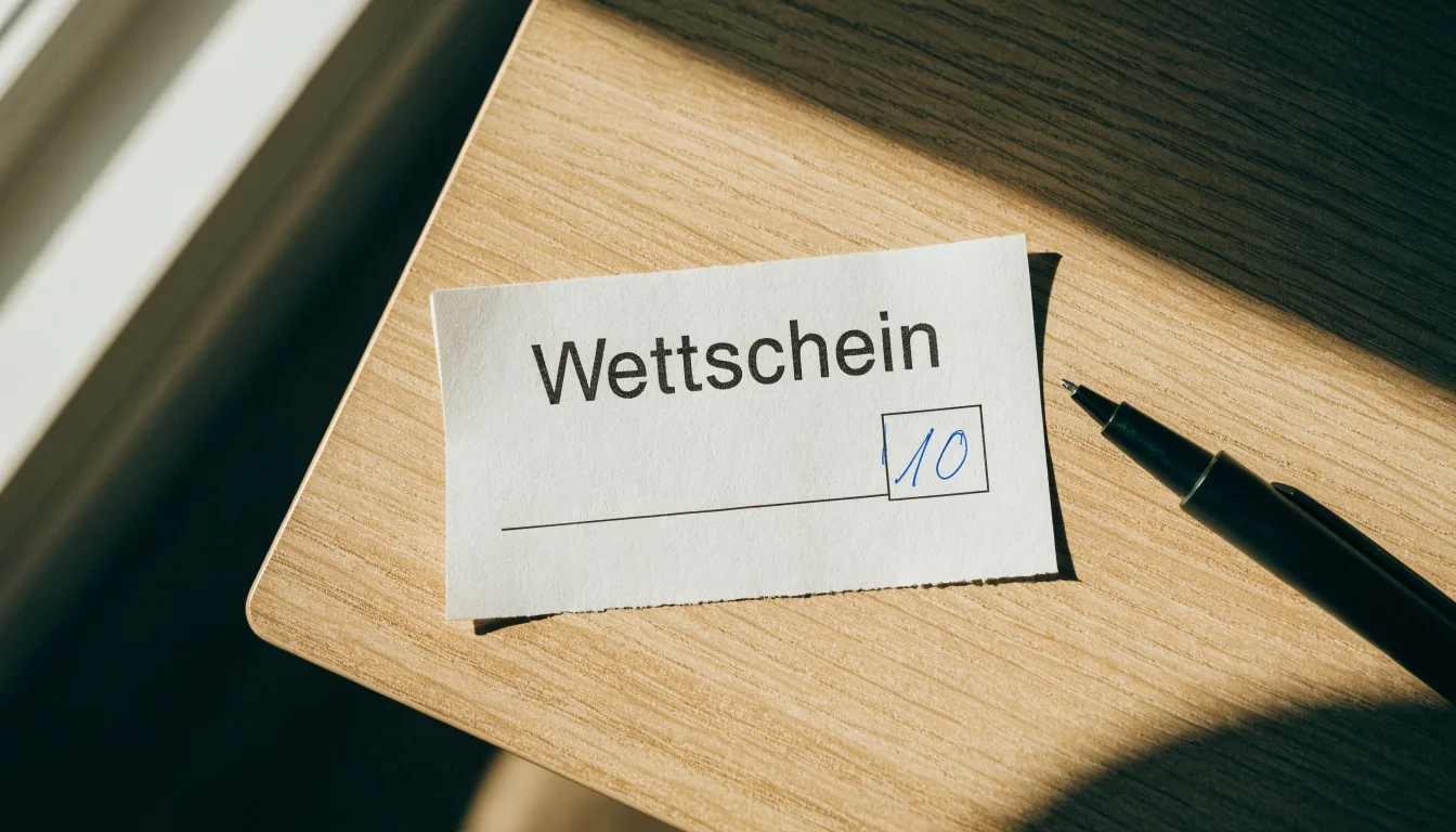 Ein leerer Wettschein aus Papier liegt neben einem Kugelschreiber auf einem Schreibtisch im Tageslicht.