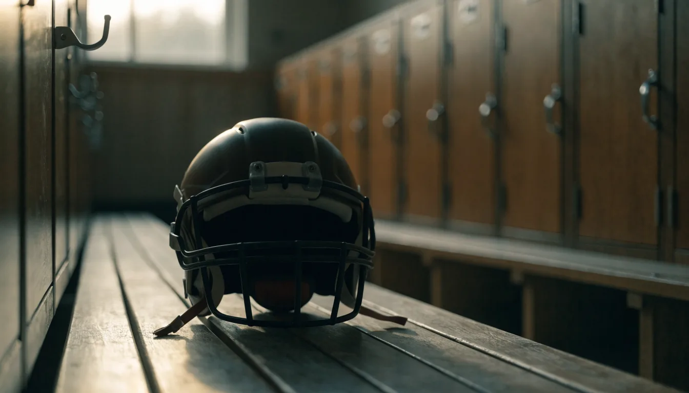 Ein neutraler Footballhelm ohne Aufdruck steht auf einer Holzbank in einer Umkleidekabine.