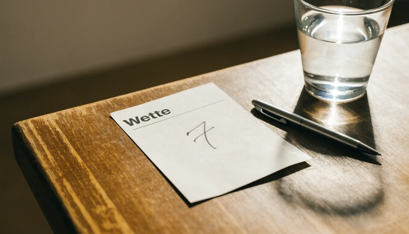 Ein leerer Wettschein aus Papier liegt neben einem Stift auf einem Tisch, daneben ein Glas Wasser.