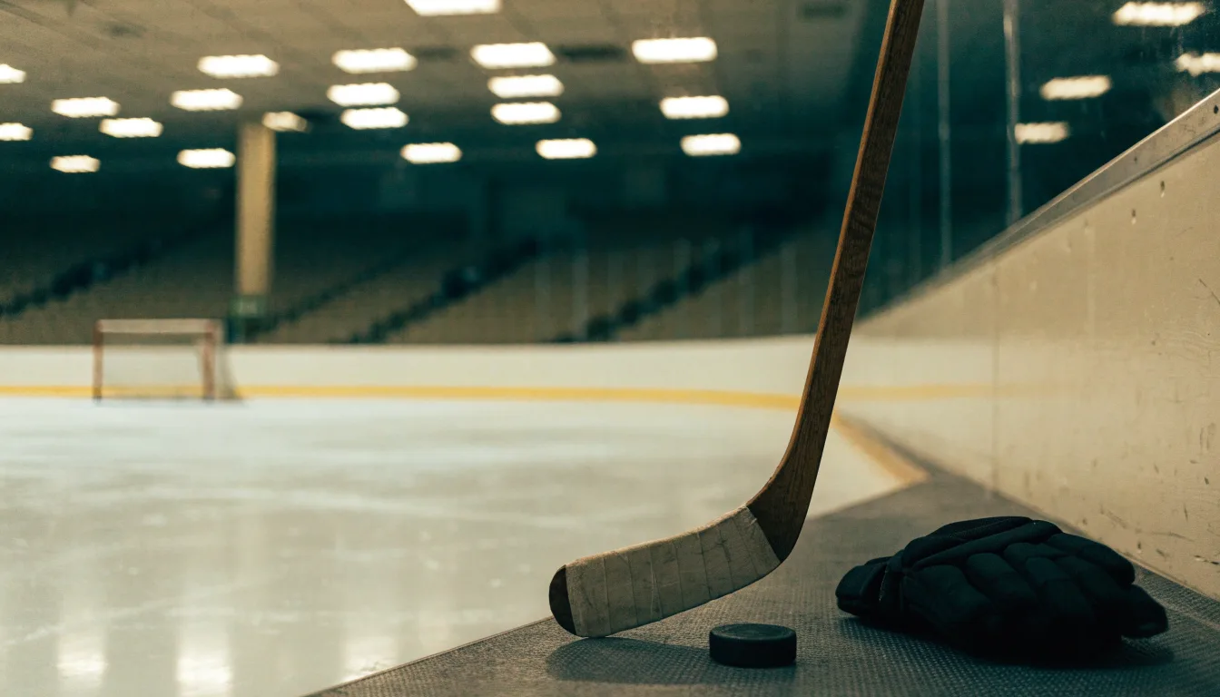 Ein Eishockeyschläger lehnt an einer Bande, daneben liegen ein Puck und ein Paar Handschuhe in einer Eishalle.