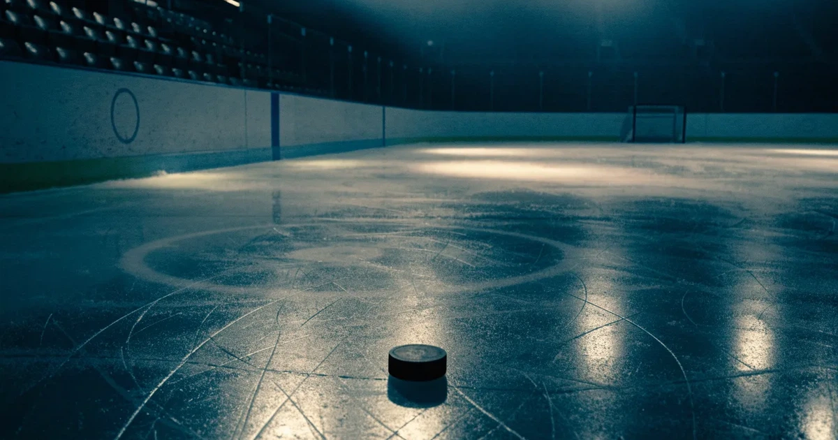 Eine leere Eisfläche in einer Halle mit Banden und Flutlicht, auf dem Eis liegt ein einzelner Puck.