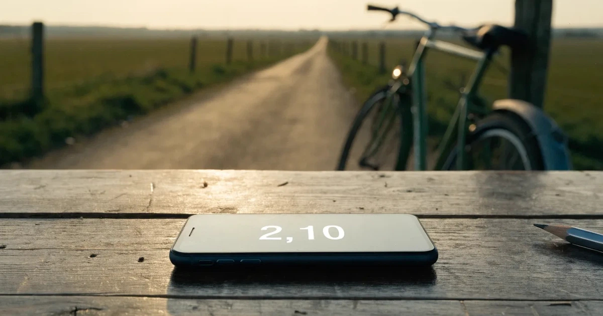 Eine Landstraße zwischen Feldern im Morgenlicht, am Straßenrand lehnt ein Rennrad ohne Aufschrift an einem Pfosten.