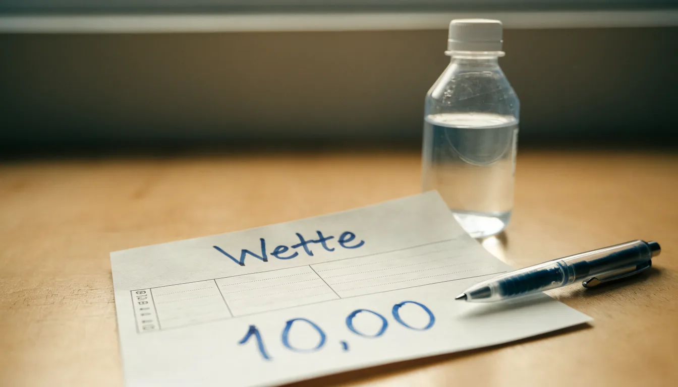 Ein leerer Wettschein aus Papier liegt neben einer Trinkflasche und einem Stift auf einem Tisch.