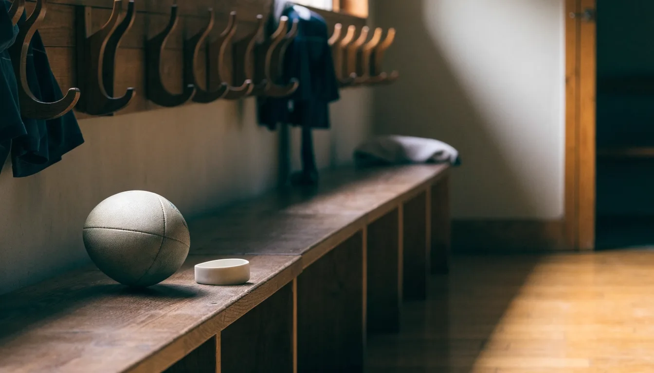Ein Rugbyball und ein Mundschutz liegen auf einer Holzbank neben einer Reihe Kleiderhaken in einer Umkleide.