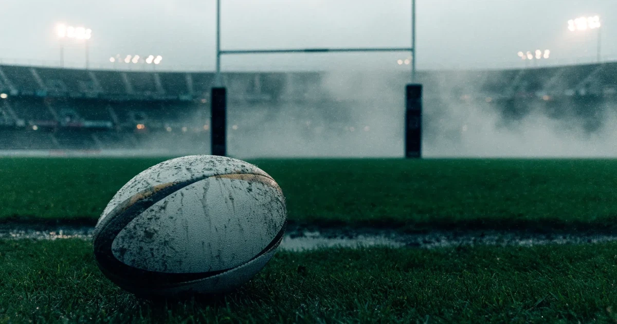 Ein ovaler Rugbyball liegt vor den hohen Torstangen auf nassem Rasen, über dem Stadion zieht Nebel auf.