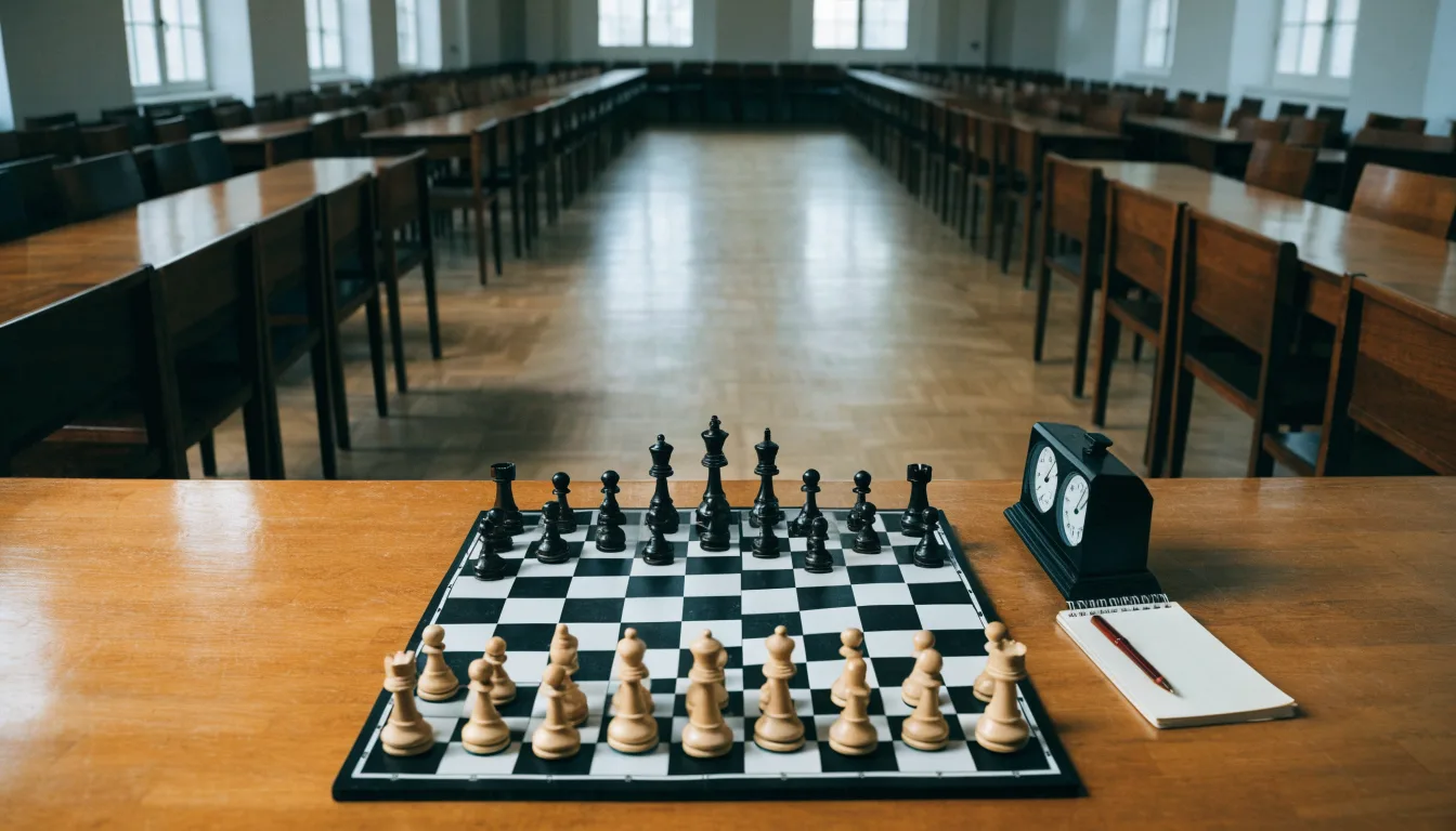 Ein Schachbrett und eine Schachuhr stehen auf einem Tisch in einem leeren Turniersaal, die Stühle sind ordentlich zurückgeschoben.