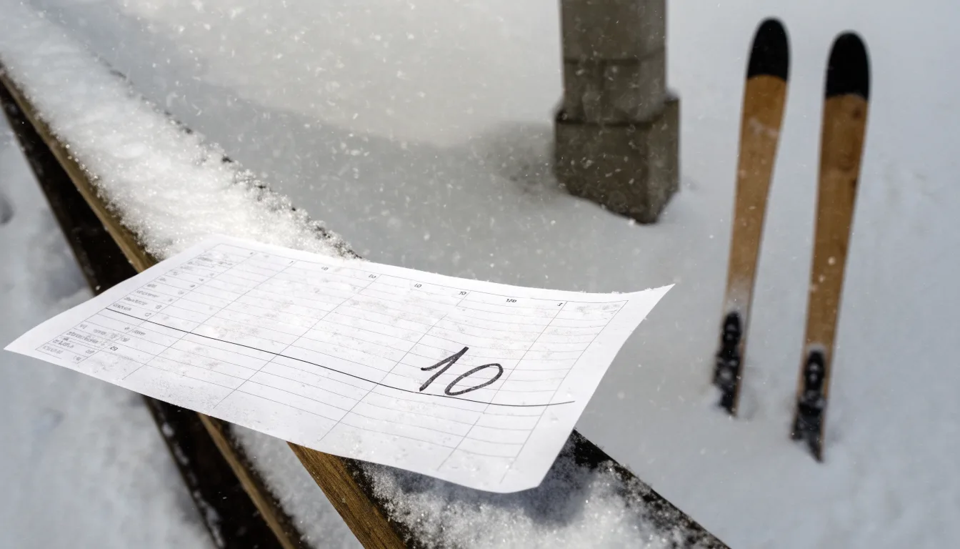 Ein Paar Skier steckt aufrecht im Schnee neben einem Anlaufturm, im Hintergrund wirbelt feiner Schnee im Wind.