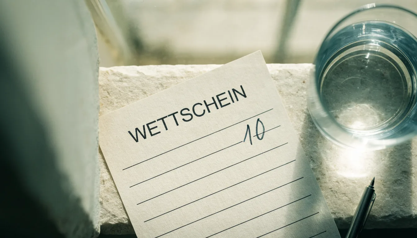 Ein leerer Wettschein aus Papier und ein Kugelschreiber liegen neben einem Glas Wasser auf einer Fensterbank.