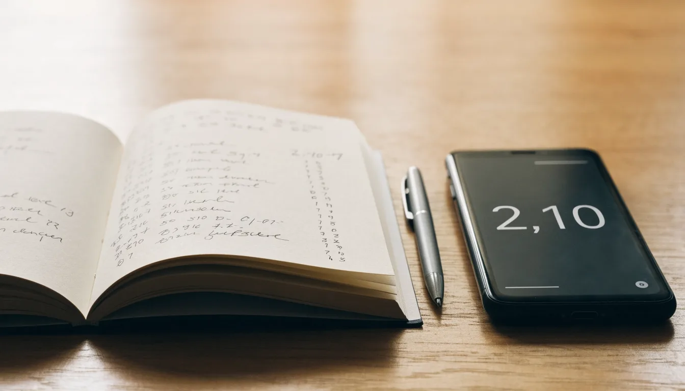 Ein aufgeschlagenes Notizbuch mit handschriftlichen Rechnungen liegt neben Stift und Smartphone auf einem Holztisch im Tageslicht.