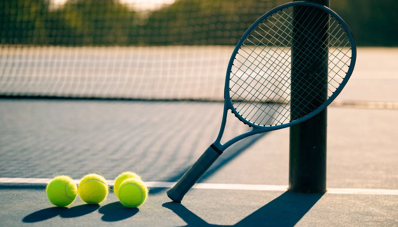 Ein Tennisschläger lehnt an einem Netzpfosten, daneben liegen drei Bälle auf einem Hartplatz in warmem Nachmittagslicht.