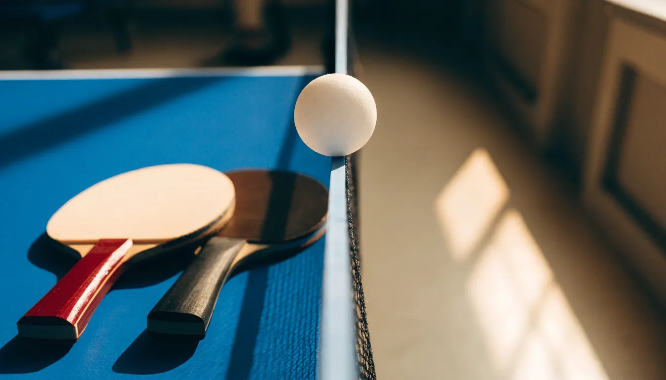 Ein weißer Ball liegt in Nahaufnahme auf der Netzkante einer Tischtennisplatte, daneben zwei Holzschläger mit rotem und schwarzem Belag.