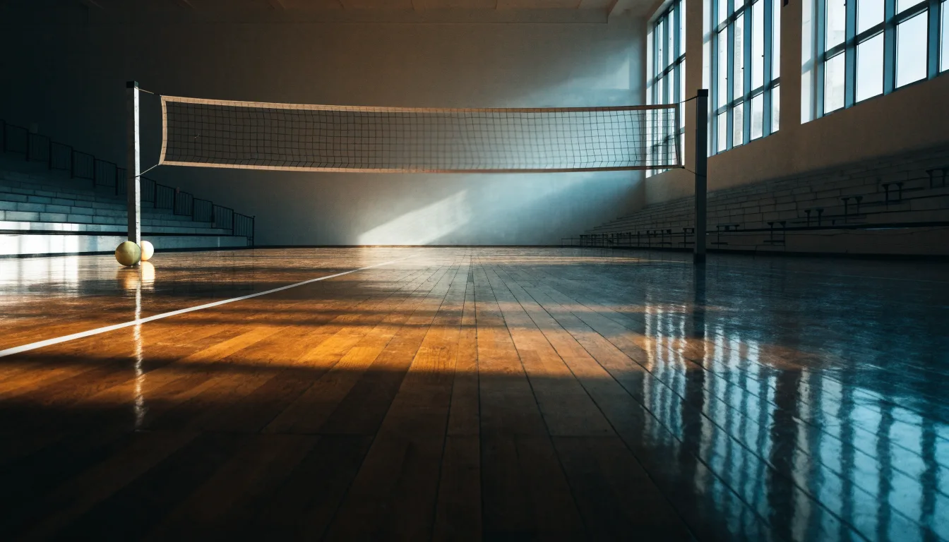 Eine leere Sporthalle mit gespanntem Volleyballnetz und glänzendem Parkett, durch hohe Fenster fällt Tageslicht.