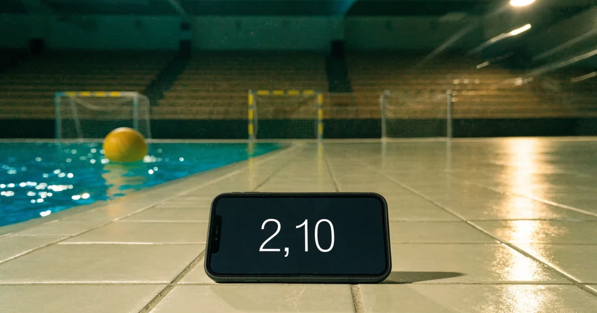 Ein Schwimmbecken mit türkisfarbenem Wasser und zwei schwimmenden Torrahmen am gegenüberliegenden Beckenrand, menschenleer unter Hallenlicht.