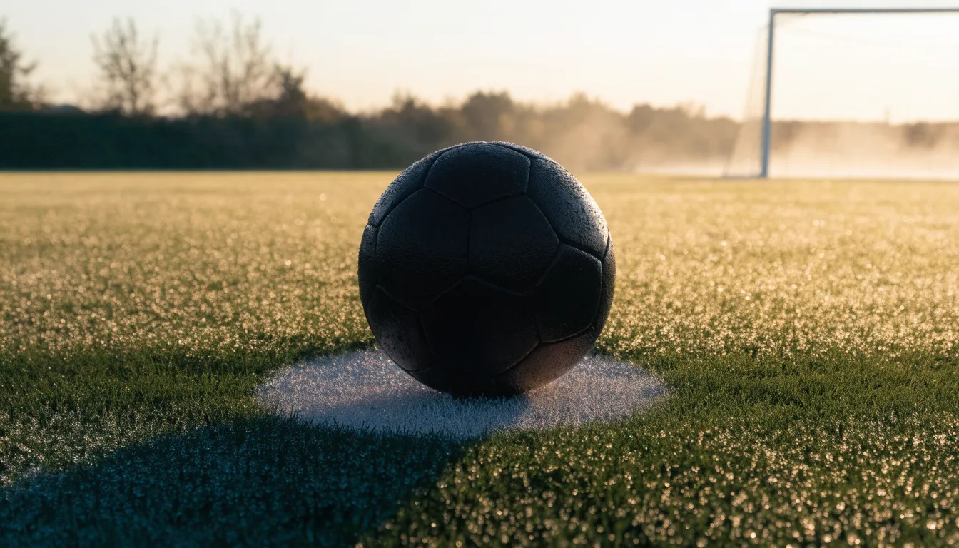 Ein Fußball liegt auf dem Anstoßpunkt eines Rasenplatzes im ersten Morgenlicht, Tau glänzt auf dem Gras.