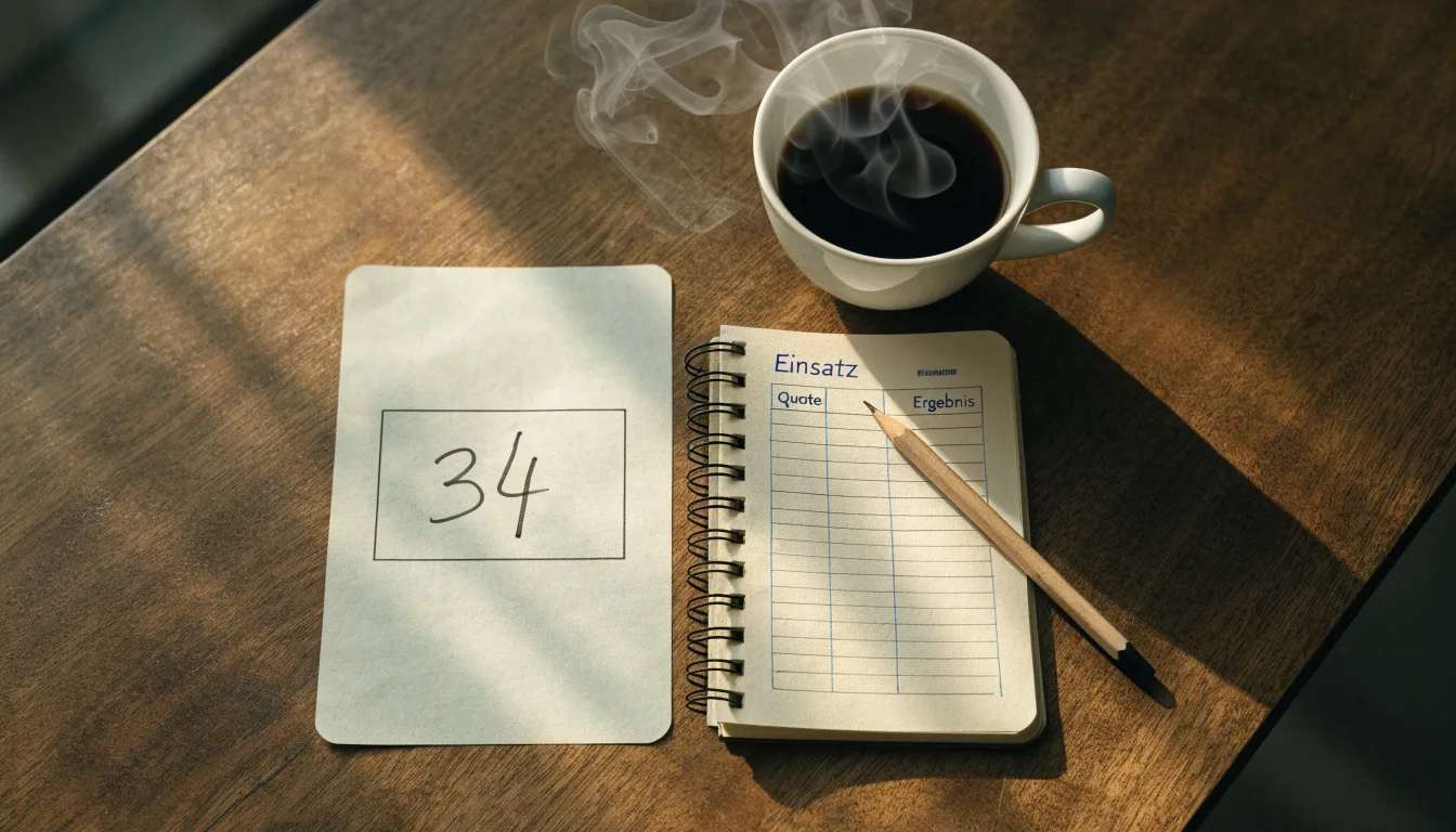 Ein Taschenrechner und ein Bleistift liegen auf einem handbeschriebenen Notizblock neben einer Tasse Kaffee.