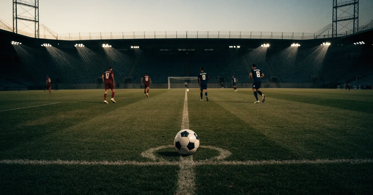 Ein Rasenplatz in der Dämmerung mit eingeschalteten Flutlichtmasten, ein Ball liegt am Anstoßpunkt, die Tribünen im Hintergrund sind unscharf.