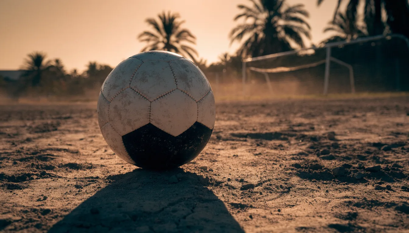 Ein Fußball liegt auf einem staubigen Bolzplatz mit Palmen im Hintergrund in warmem Abendlicht.