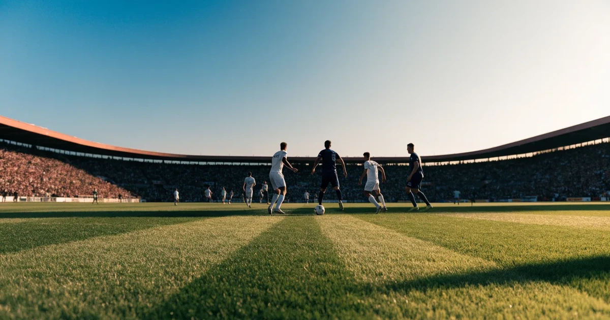 Ein Fußballstadion mit hellen Rängen unter strahlend blauem Himmel, davor ein sonnenbeschienener Rasen mit frisch gemähten Streifen.