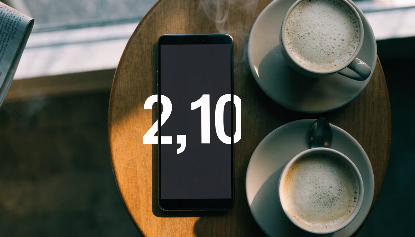 Zwei Kaffeetassen und ein dunkles Smartphone stehen auf einem Café-Tisch am Fenster im Morgenlicht.