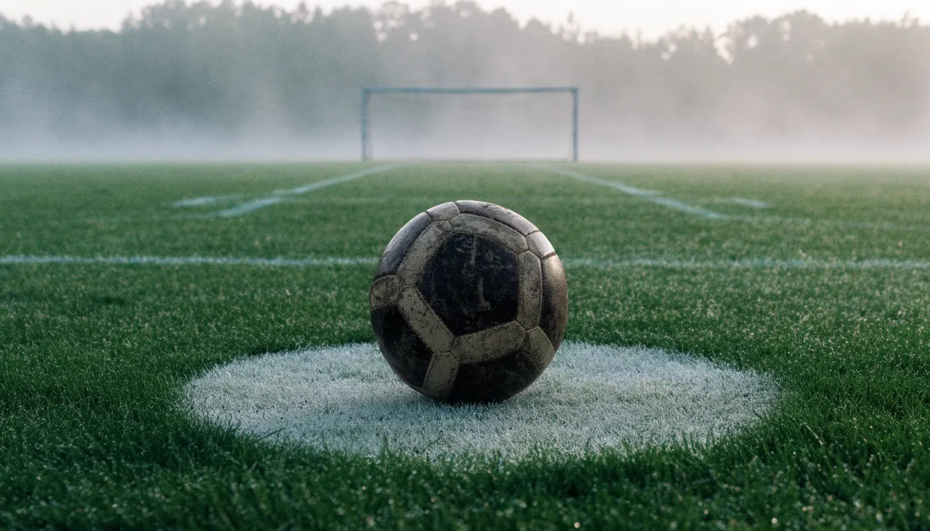 Ein abgewetzter Fußball liegt auf dem Anstoßkreis eines Naturrasens im Morgennebel.