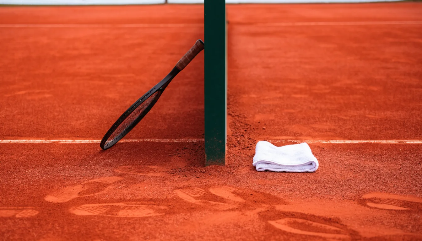 Ein Tennisschläger lehnt an einer dunkelgrünen Bande ohne Aufschrift auf einem Sandplatz, daneben liegt ein Handtuch.