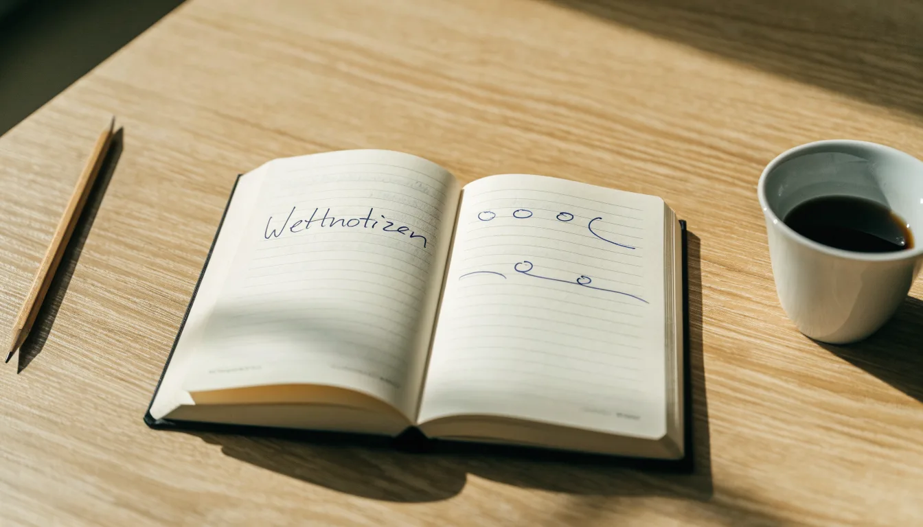 Ein aufgeschlagenes Notizbuch mit handschriftlichen Skizzen liegt neben einem Bleistift auf einem Holztisch, daneben eine Tasse Kaffee.