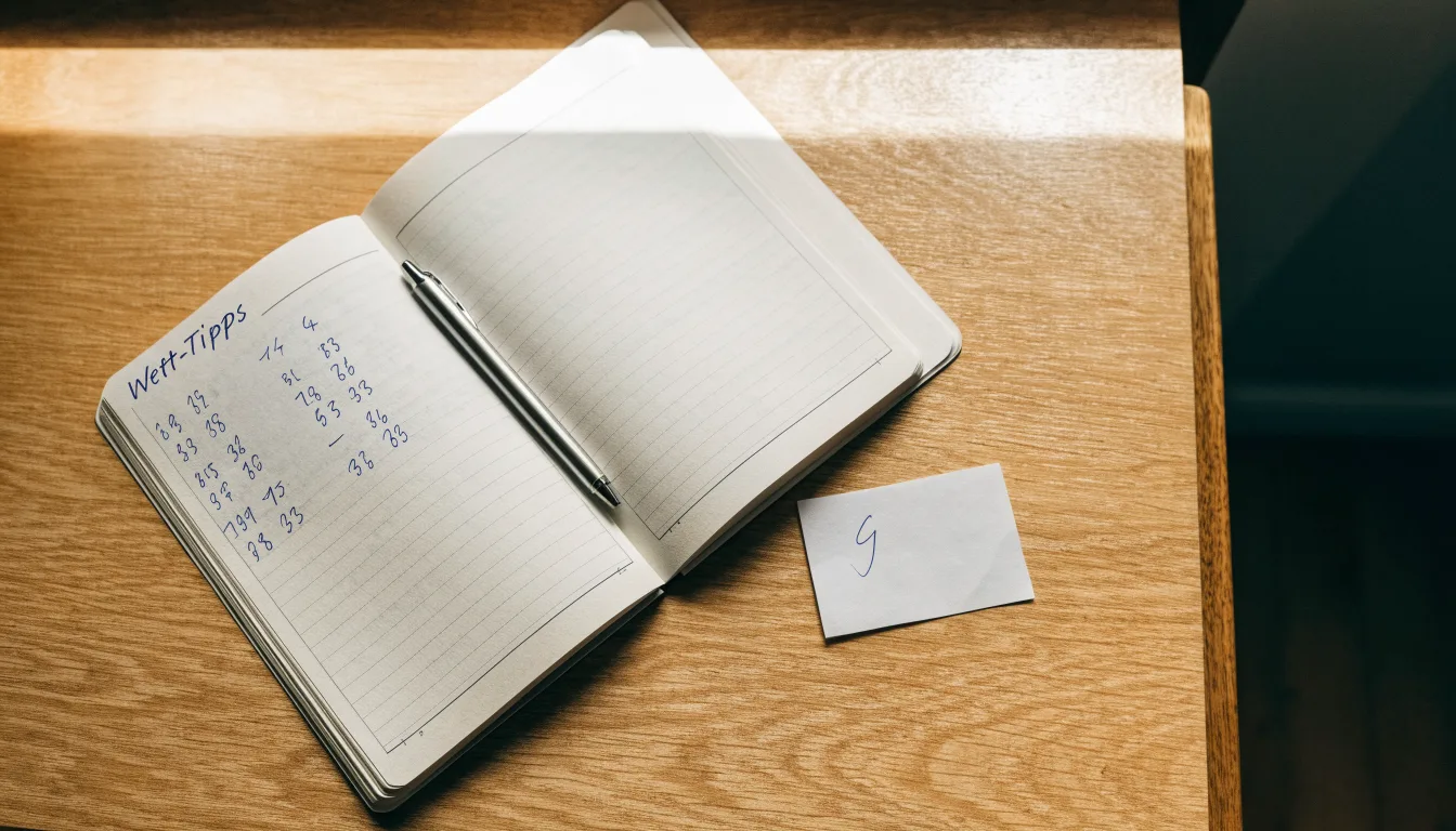 Ein Taschenrechner und ein Bleistift liegen auf einem Schreibtisch neben einem aufgeschlagenen Notizbuch mit handschriftlichen Zahlenreihen.