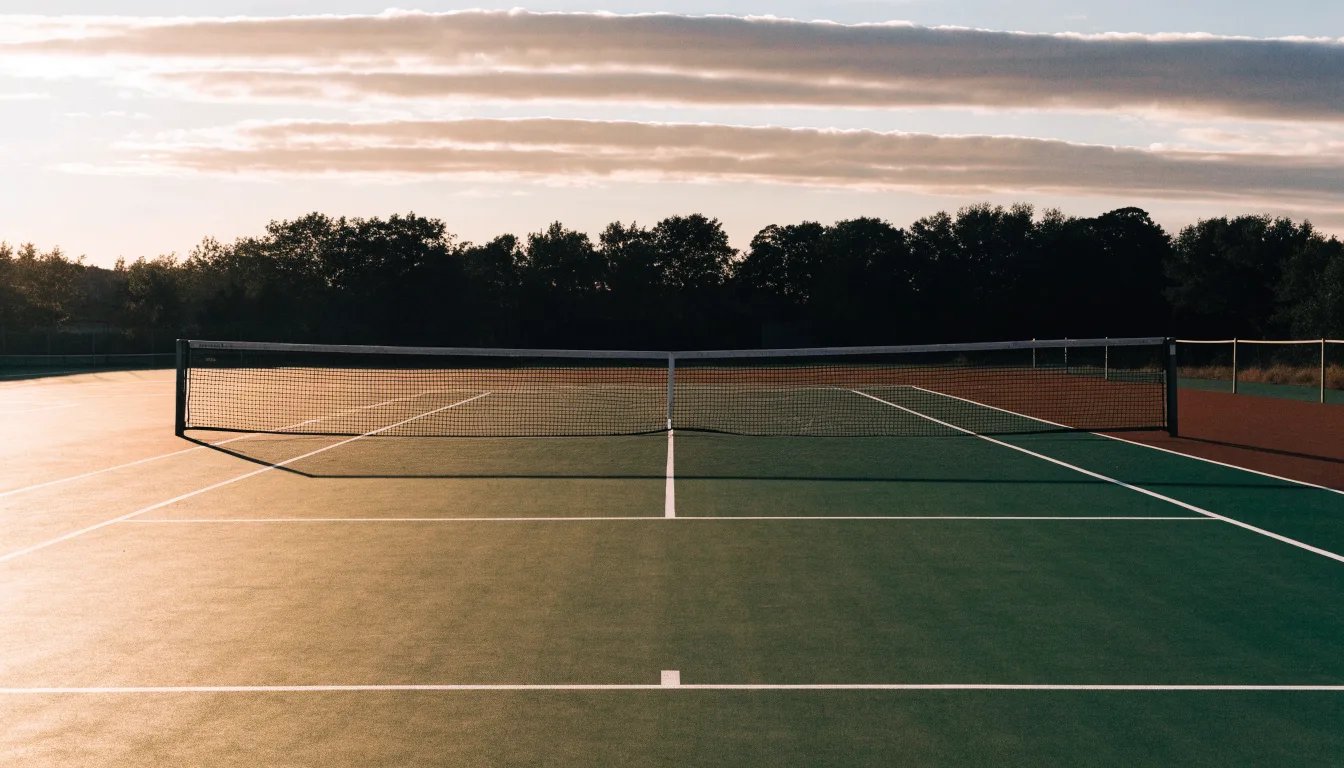 Ein Tennisplatz bei Sonnenaufgang, Netz und Grundlinien im weichen Licht, niemand ist zu sehen.