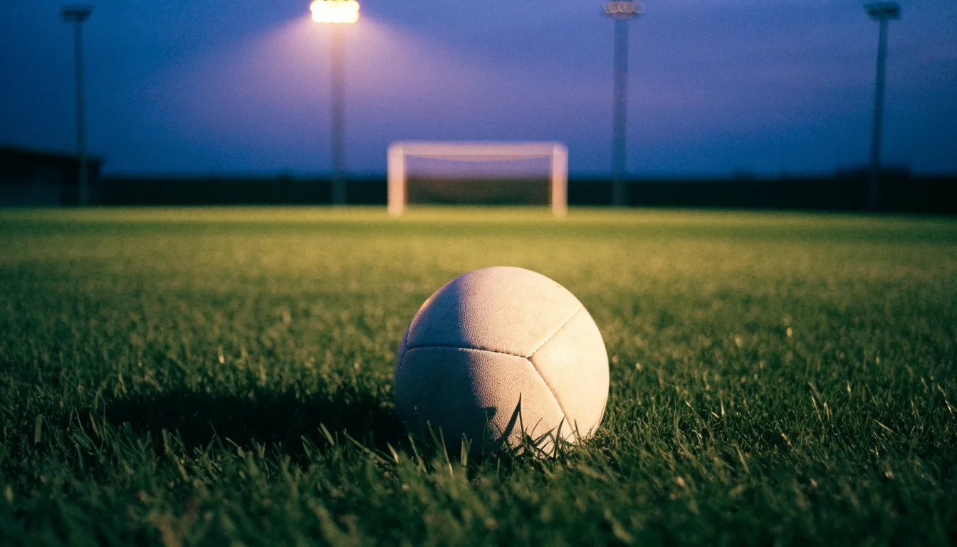 Ein Fußball liegt im Gras eines leeren Platzes, im Hintergrund stehen Flutlichtmasten in der Dämmerung.