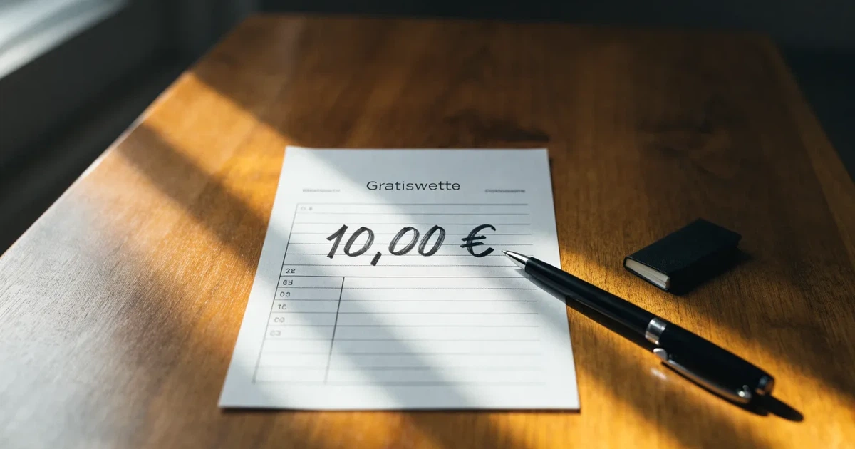 Ein leerer Papier-Wettschein und ein Kugelschreiber liegen auf einem Holztisch, daneben ein kleiner Stapel Münzen im Morgenlicht.